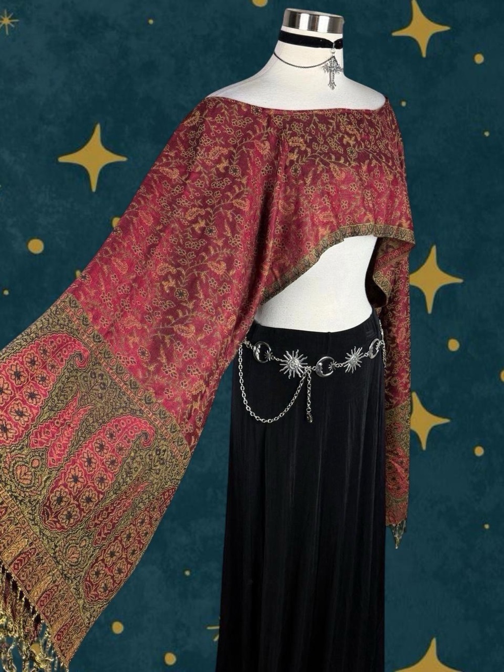 Handmade Off the Shoulders Red and Gold Scarf Top